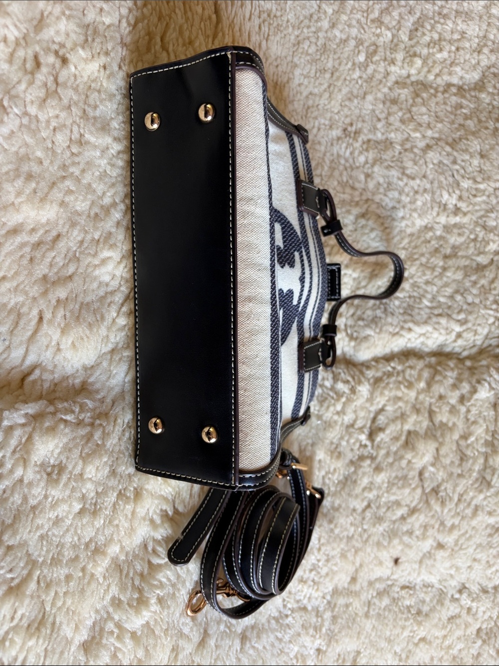 Tory Burch Navy and Cream Canvas Mini Tote with Leather Trim - Picture 4 of 11
